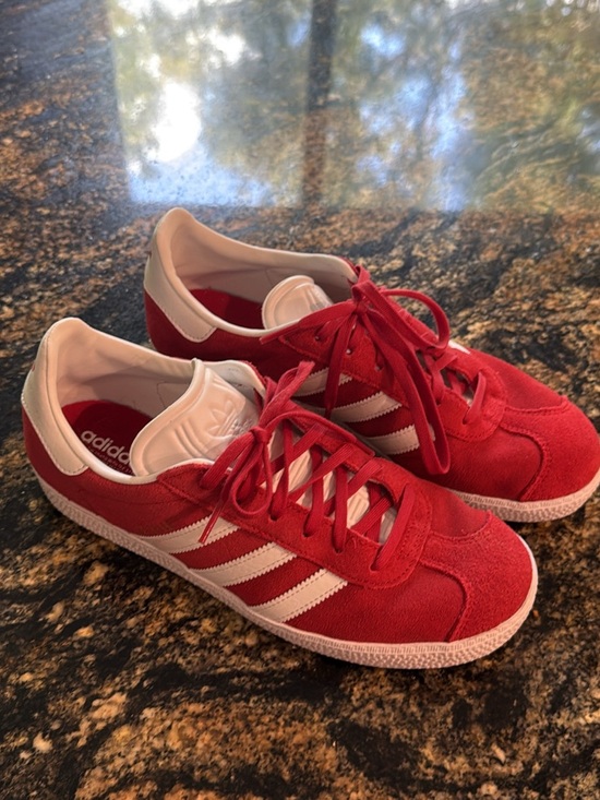 adidas Shoes - adidas Women’s Red Suede Sneakers with White Stripes